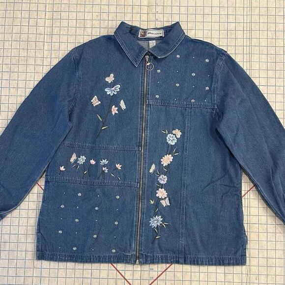 Jackets & Blazers - Vintage 80s Embroidered Butterfly Floral Rhinestones Blue Denim Chore Coat Small